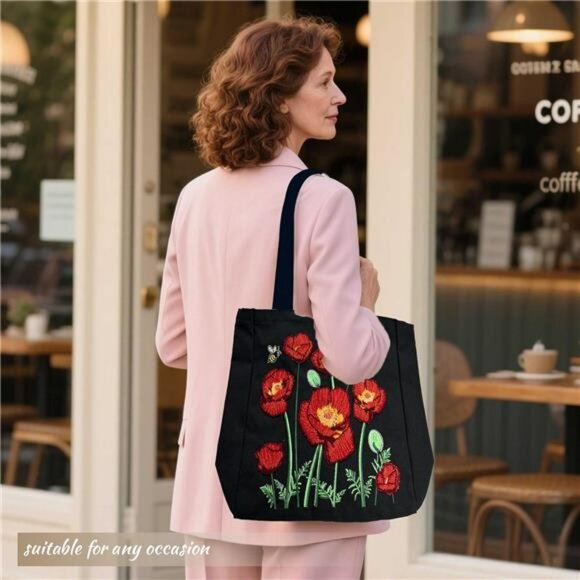 Large Canvas Tote Bag with Zipper Pocket Embroidered Shoulder Bag for Work Trave - Picture 6 of 7